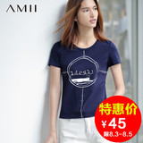 Amii短袖T恤女 艾米女装旗舰店2016夏装新款印花修身打底衫上衣潮