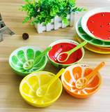 可爱手绘水果碗米饭碗日式创意陶瓷碗餐具套装沙拉碗勺套装釉下彩