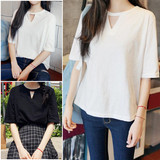 夏季韩版新款短袖T恤女宽松显瘦大码姐妹装纯色镂空学生半袖上衣