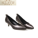 SLLAVIF轻奢品牌新款尖头真皮单鞋女中跟细跟水钻职业工作女鞋子