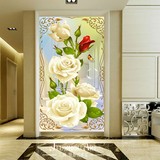 玄关壁纸大型壁画3d立体欧式现代简约玫瑰花过道走廊背景墙纸竖版