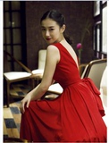 2016夏装新款女装韩国显瘦连衣裙礼服 V领露背大红色无袖雪纺长裙