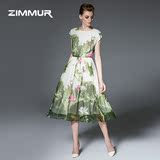 ZIMMUR2016夏季新款女装圆领短袖中长款桑蚕丝水墨印花真丝连衣裙