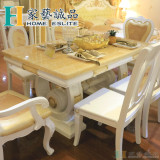 欧式饭桌 天然大理石 实木餐桌长方形 1.6米玉石台面 餐桌椅组合