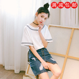 RENA2016 韩国夏季新款 复古文艺 刺绣印花宽松圆领短袖T恤女上衣