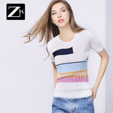 ZK撞色拼接短袖条纹T恤女装修身针织打底衫百搭上衣2016夏装新款