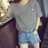 韩国夏新款卡通超人头刺绣短袖细条纹T恤女纯棉宽松简约学生衫