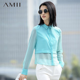 Amii[极简主义]2016夏季新款立领纯色拼接小清新雪纺衫长袖衬衫女