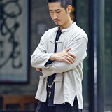 秋季亚麻男士唐装长袖外套大码中国风汉服改良中式居士服棉麻上衣