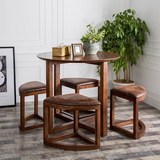美式实木圆餐桌椅组合复古咖啡厅休闲伸缩4人小户型餐凳子家具