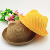 夏季新款儿童帽子男女宝宝草编帽子男孩猫耳朵造型草帽亲子遮阳帽