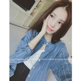 2016春季新款韩版女装口袋小立领单排扣长袖竖白条纹牛仔衬衫衬衣