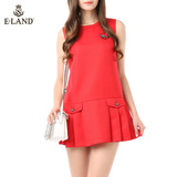 ELAND韩国衣恋学院风无袖百褶红色连衣裙EEOW53706R专柜正品