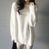 2016韩国代购秋冬女装兔毛半高领宽松打底衫白色毛衣女套头中长款