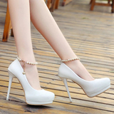 12cm超高跟鞋韩国公主一字扣带珍珠细跟女鞋圆头浅口套脚单鞋白