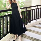 韩国 女装小黑裙长款复古风显瘦无袖背带裙女春秋黑色连衣裙气质