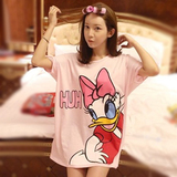 2016韩版新款夏装粉红色可爱卡通唐老鸭大码宽松长款短袖T恤女潮