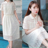 夏女装日系短袖可爱学生中长款裙子修身甜美韩版学院风蕾丝连衣裙