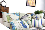 鸣沙蓝绿花鸟靠垫美式田园棉麻风沙发抱枕样板房客厅大靠枕含芯45