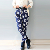 外贸原单韩版春季女装向日葵花棉圈长裤运动休闲裤直筒裤套装蓝色