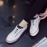 夏季小白鞋皮面帆布鞋女韩版系带板鞋女鞋平底白色休闲单鞋子潮鞋