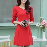 2016韩版春装新款红色长袖打底连衣裙圆领修身大码显瘦中长款女裙