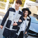 韩版修身2015冬季情侣装棉衣中长款麂皮绒羊羔毛男女青年加厚外套