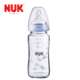 NUK宽口径240ml彩色玻璃奶瓶带2号M中圆孔6-18个月硅胶奶嘴