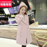 呢子大衣女中长款2016春装韩版修身显瘦西装领粉色双排扣毛呢外套