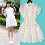 韩版白色蕾丝连衣裙少女夏装娃娃领短袖中长款显瘦公主裙学生中裙