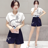 韩版2016夏季女套装显瘦印花短袖衬衫+刺绣阔腿短裤时尚两件套潮