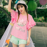 小仙家女装新款韩版甜美粉嫩减龄款荷叶袖三叶草图案休闲T恤