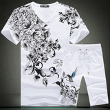 夏季印花套装男士短袖V领T恤中国风修身加大码男装花式半袖套装潮