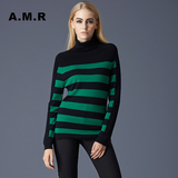 A．M．R/艾米瑞女套头个性条纹修身高领显瘦长袖纯羊毛毛衣针织衫