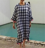 2016夏韩版时尚个性宽松大码显瘦格子格纹中长款彩色流苏球连衣裙