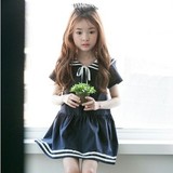 韩国童装女童海军学院风短袖连衣裙儿童水手服裙子大童亲子夏裙