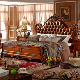 欧式真皮床 高端美式实木双人床 头层牛皮雕刻大床 床头柜