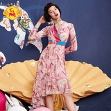 密扇2016年春季新款设计师女装中国风红色印花改良民族风连衣裙