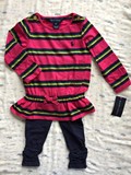 【现货】Ralph Lauren 美国代购女童儿童T恤打底裤套装 条纹枚红