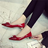 低跟漆皮单鞋红色女式鞋尖头真皮女的平底蝴蝶结中浅口套脚女鞋