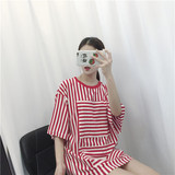 2016夏季韩国新款宽松百搭大码短袖上衣 红白撞色条纹中长款T恤女
