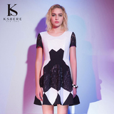 卡斯比亚ksbere 精致夏装新款女装拼接蕾丝黑白收腰蓬蓬连衣裙