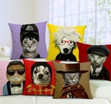欧美创意卡通动物猫狗明星沙发棉麻抱枕套靠垫汽车办公室个性靠枕
