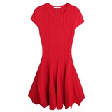 气质收腰显瘦竖条纹纹理性感镂空大红色短袖针织冰丝连衣裙百褶裙