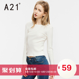 A21秋装新款长袖白色T恤女 短款纯色针织打底衫修身简约女生上衣