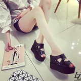 2016夏韩版新款坡跟拖鞋超高跟鞋PU女鞋松糕厚底聚氨酯一字拖鞋女