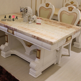 欧式餐桌 天然红龙玉大理石长方桌 现代中式实木白色餐桌椅组合