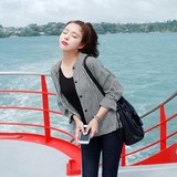 韩国代购正Cherrykoko春2016休闲个性女装韩范格子单排扣长袖衬衫
