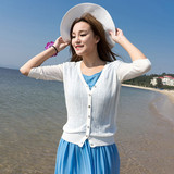 夏季新款勾花镂空竖条文纯色薄款中袖针织衫女开衫海滩防晒衣披肩