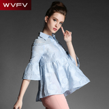 WVFV 2016夏季新款欧美镂空菱格纹提花宽松廓形七分喇叭袖上衣